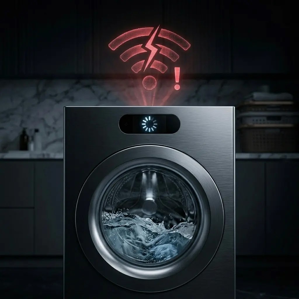 Holographic broken WiFi icon floating above a stuck LG washing machine control panel.