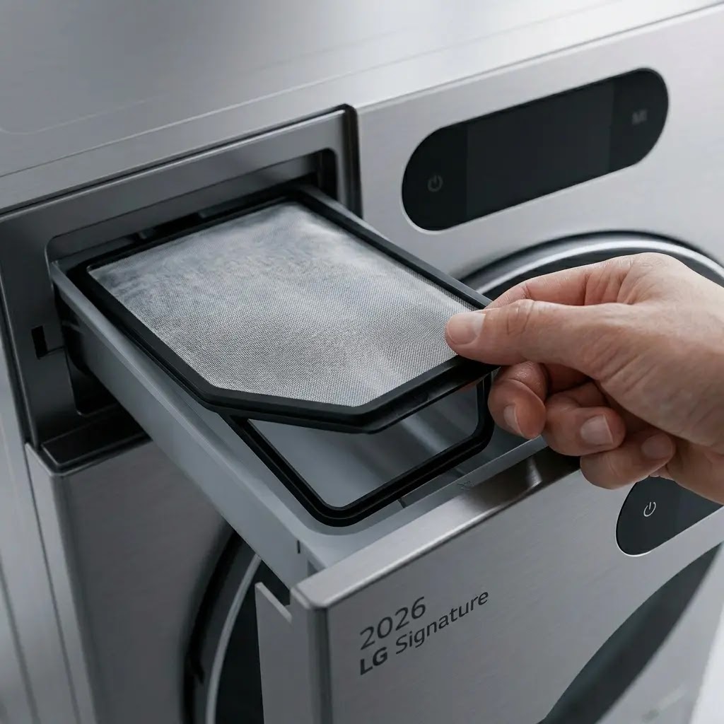 A user removing a clean microplastic filter cartridge from a 2026 LG washing machine.