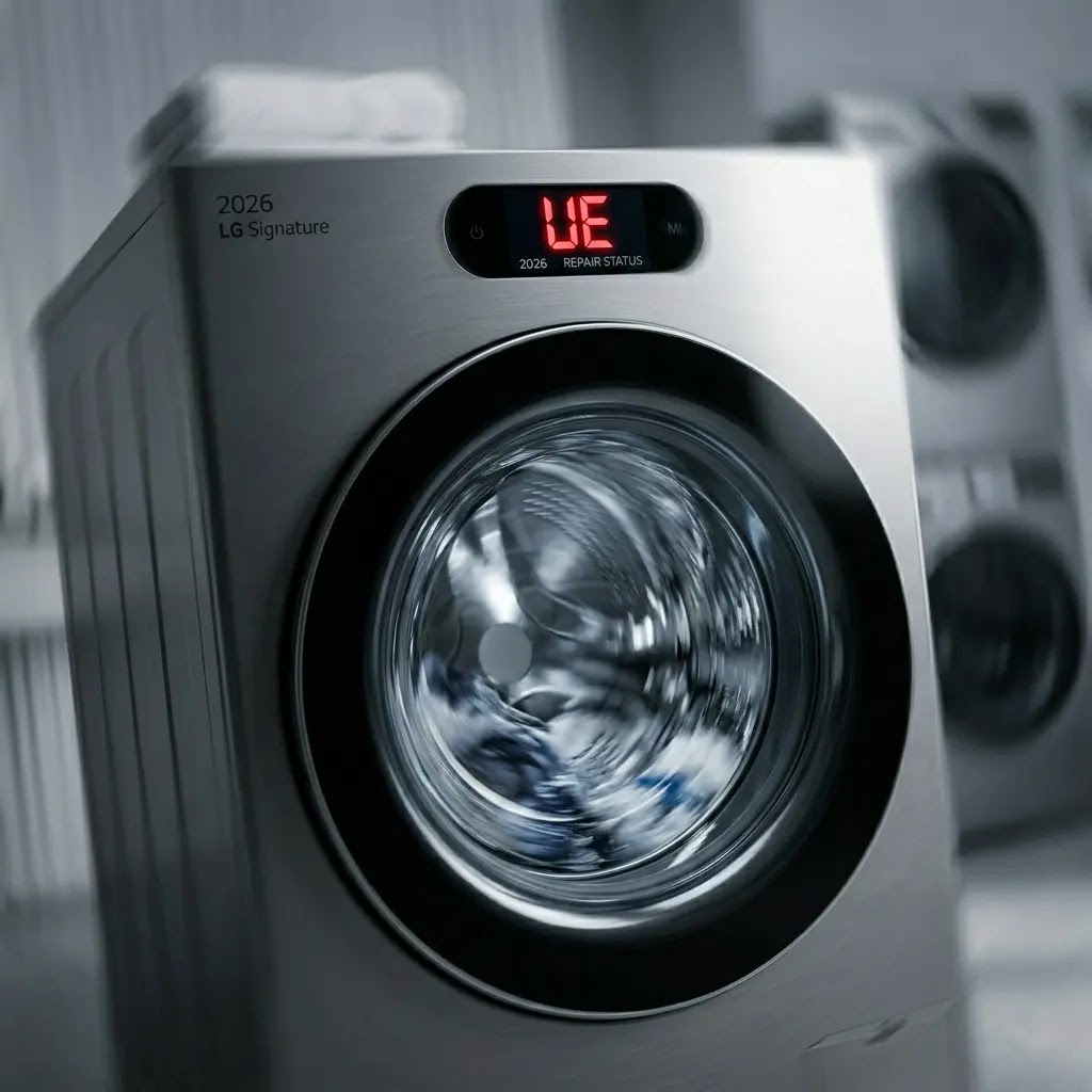 Dynamic photograph of an LG washing machine shaking violently with a UE error.