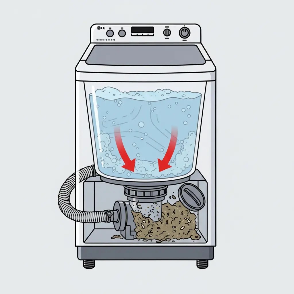 LG washing machine drain system showing blocked pump filter causing OE error