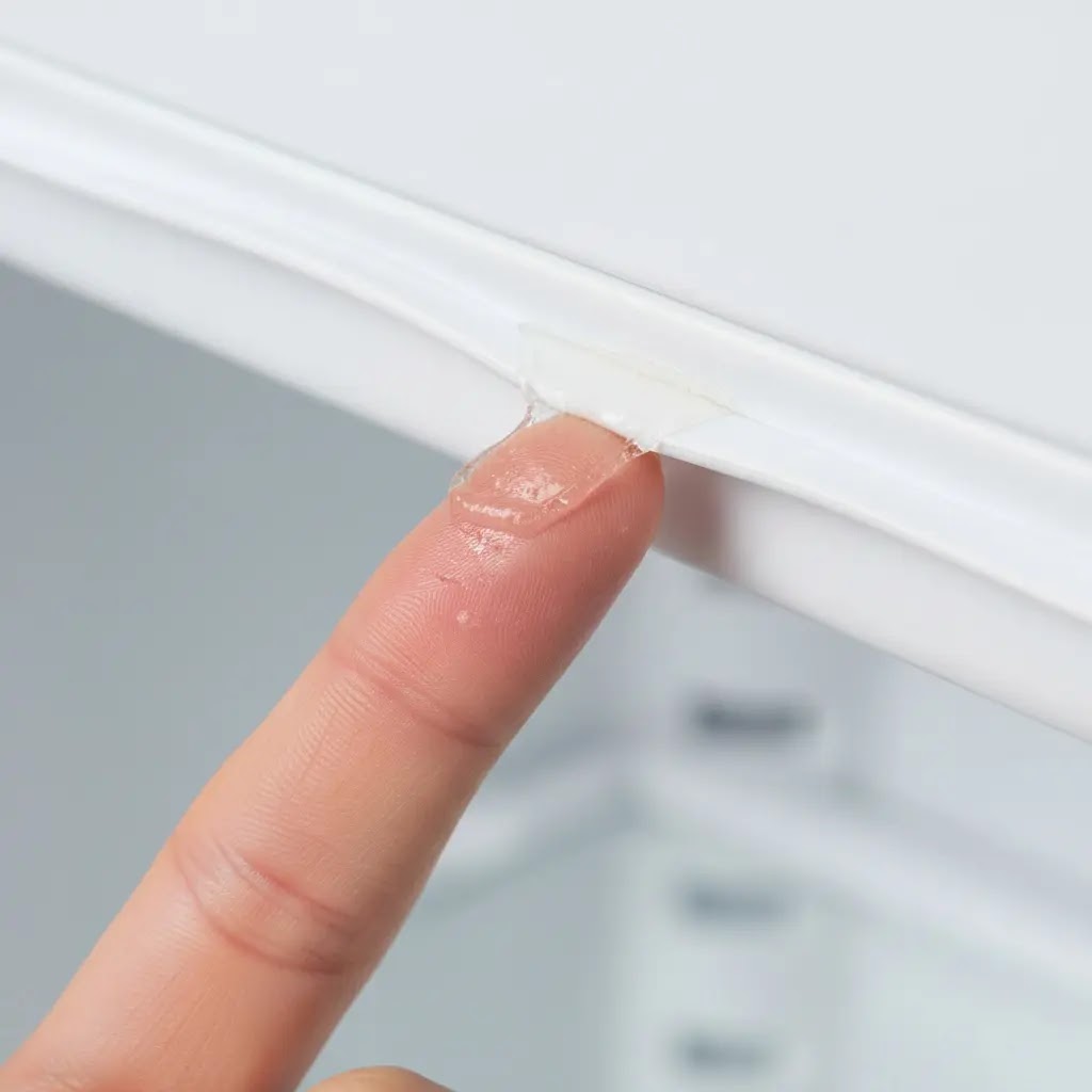 Applying petroleum jelly to lubricate a refrigerator gasket and prevent tears.