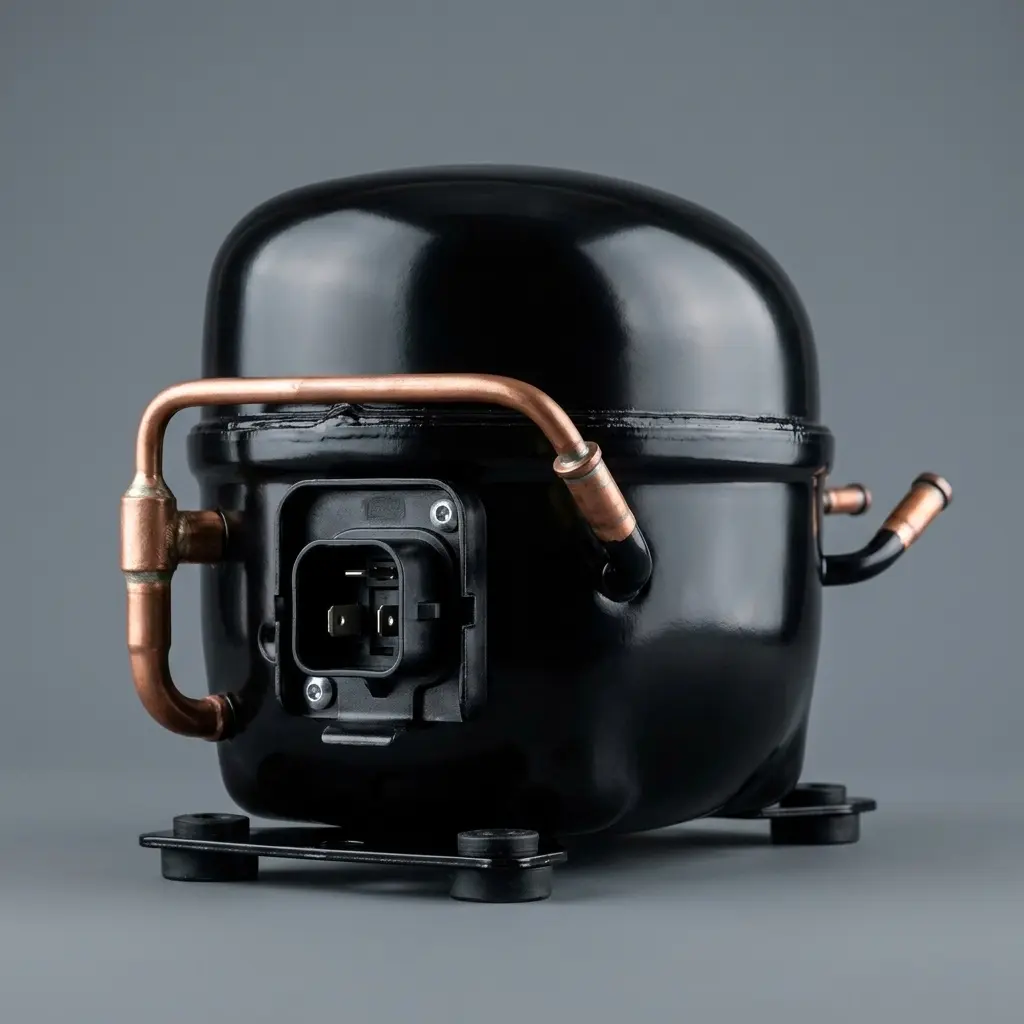 A high-end realistic product shot of a modern brushless BLDC compressor motor used in high-efficiency Kenmore refrigerators reliability.