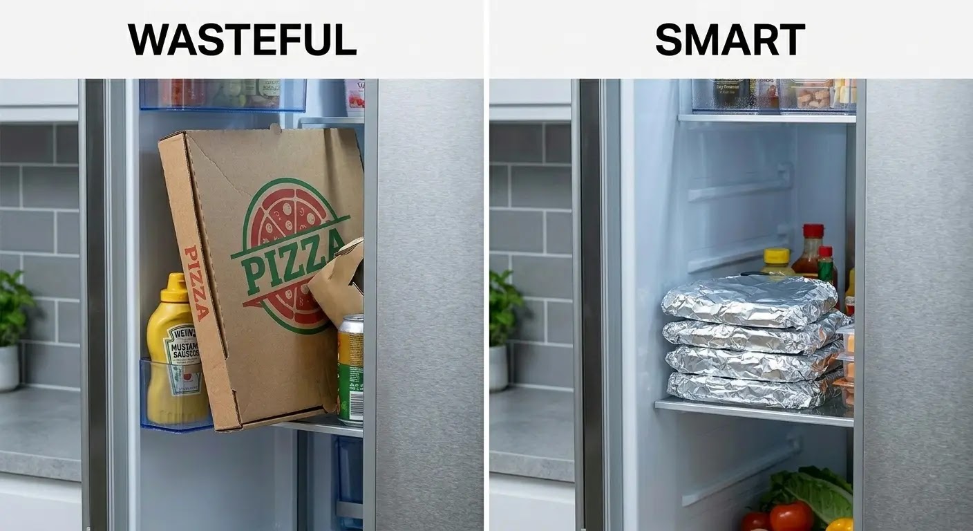 Space-saving pizza foil hack for small counter-depth refrigerators