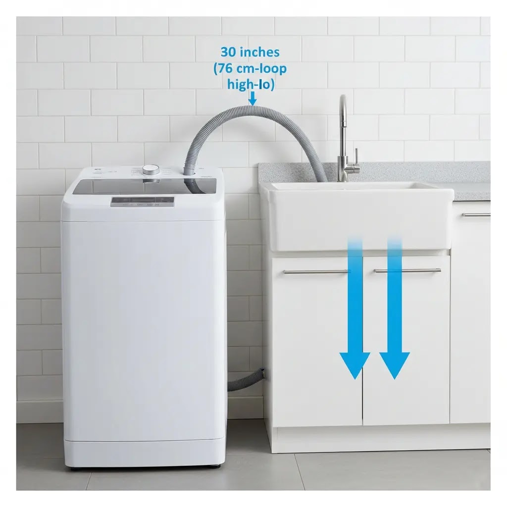 Technical diagram showing 30-inch high drain hose loop for portable washer.