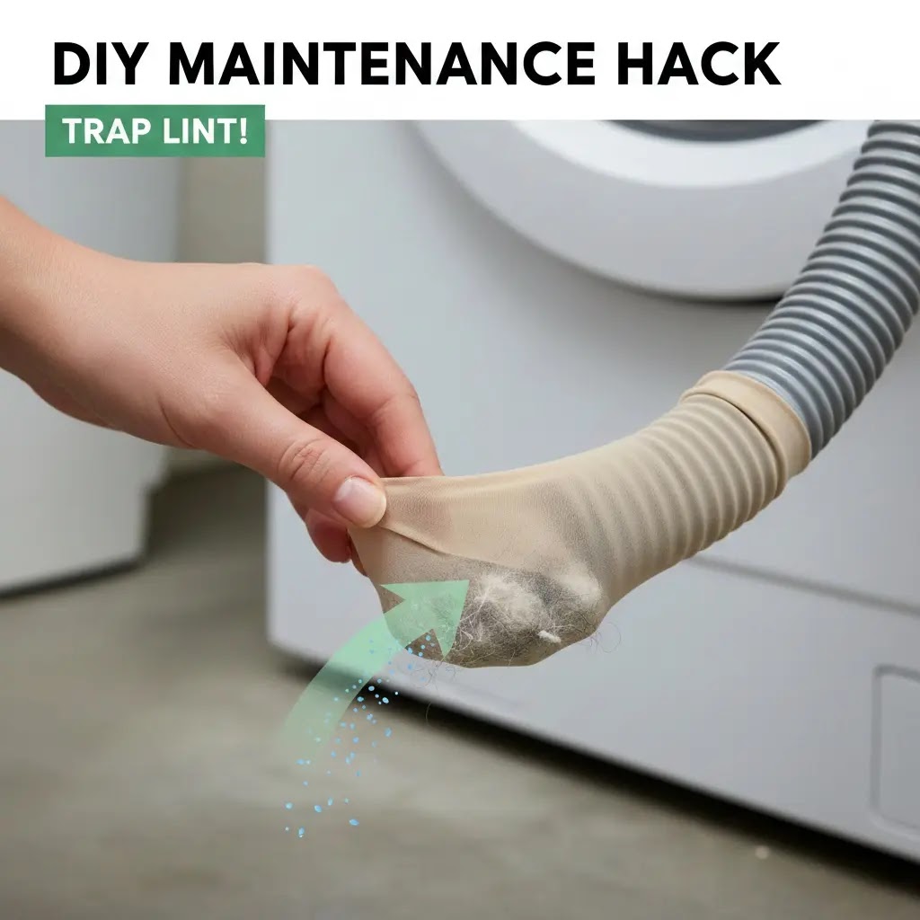 DIY lint filter hack for portable washers to prevent apartment pipe clogs.