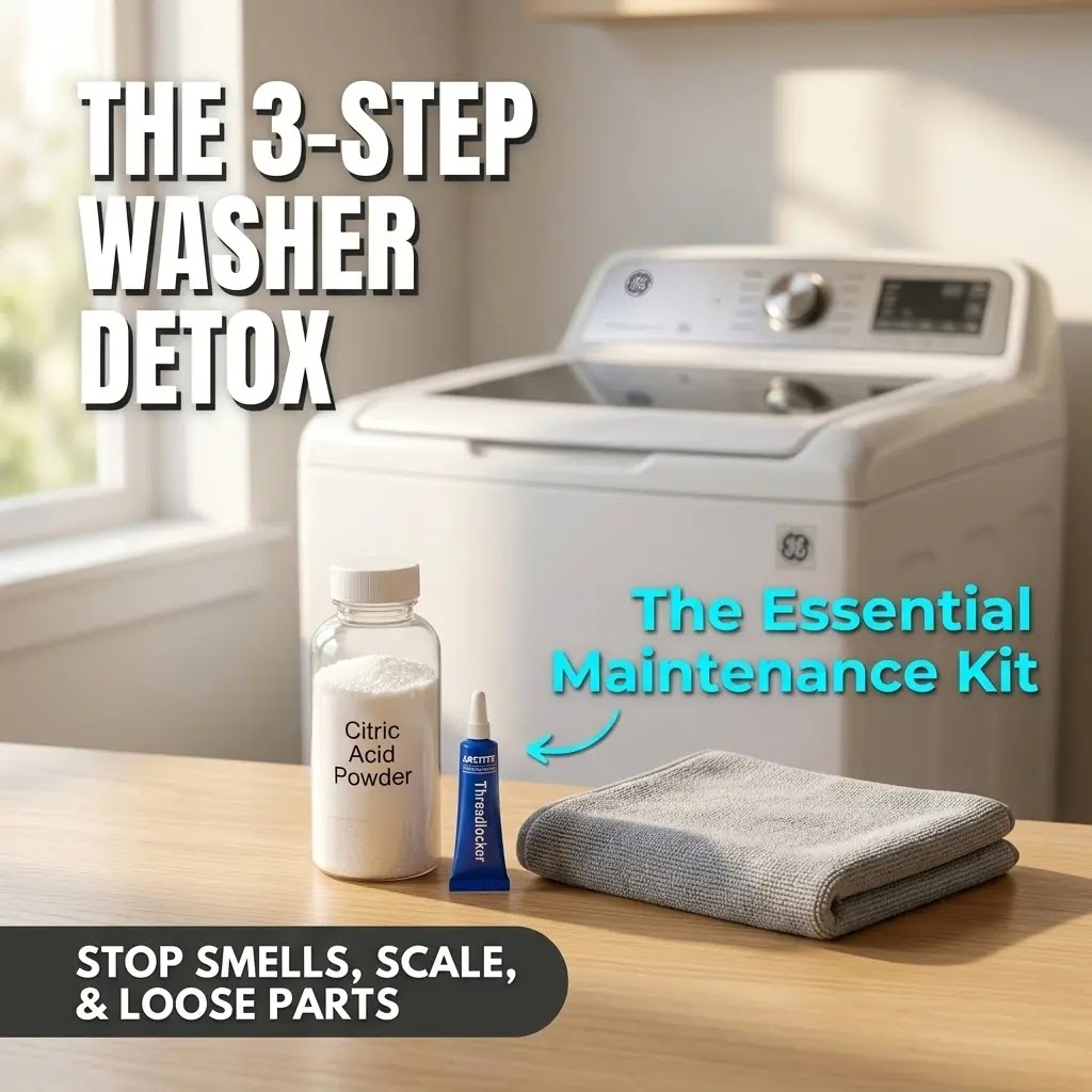 Professional maintenance kit next to a modern portable washing machine