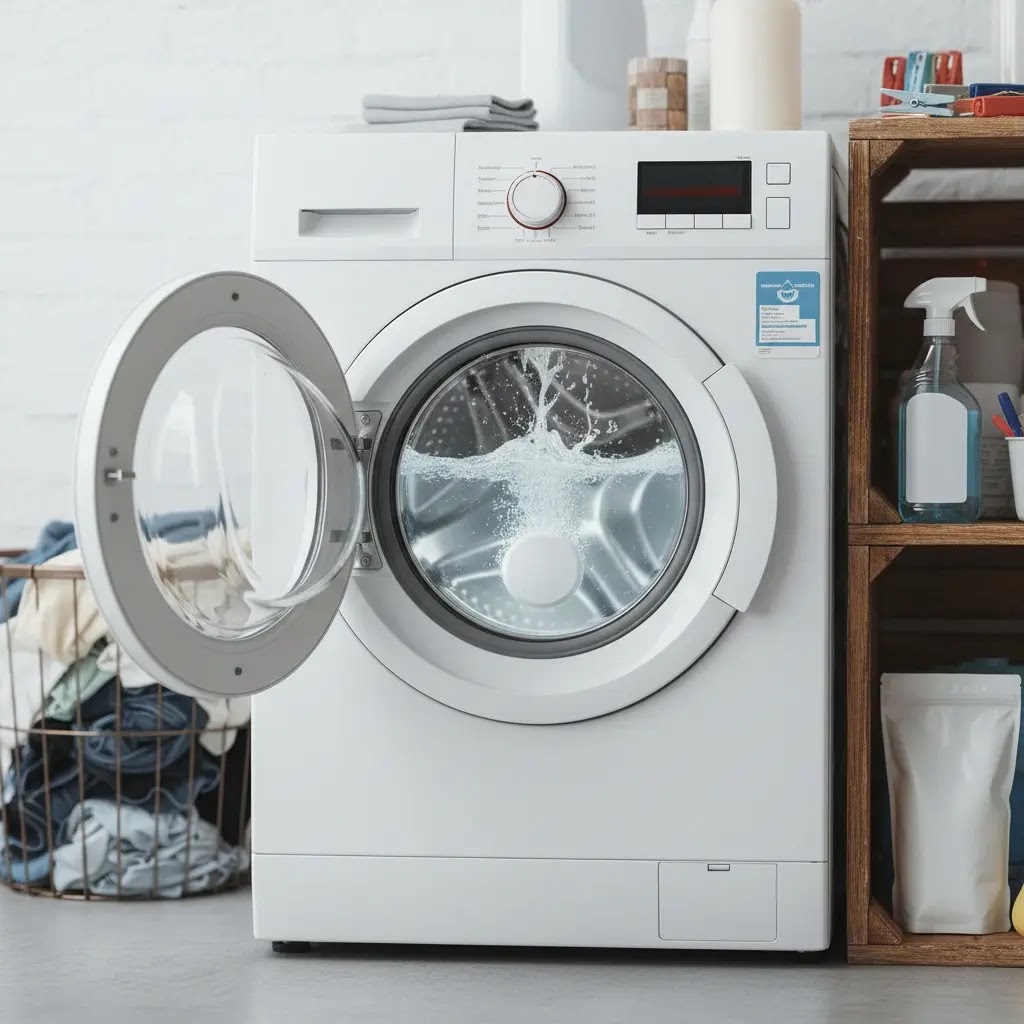 Washing machine left open to air dry and prevent mold and smells.