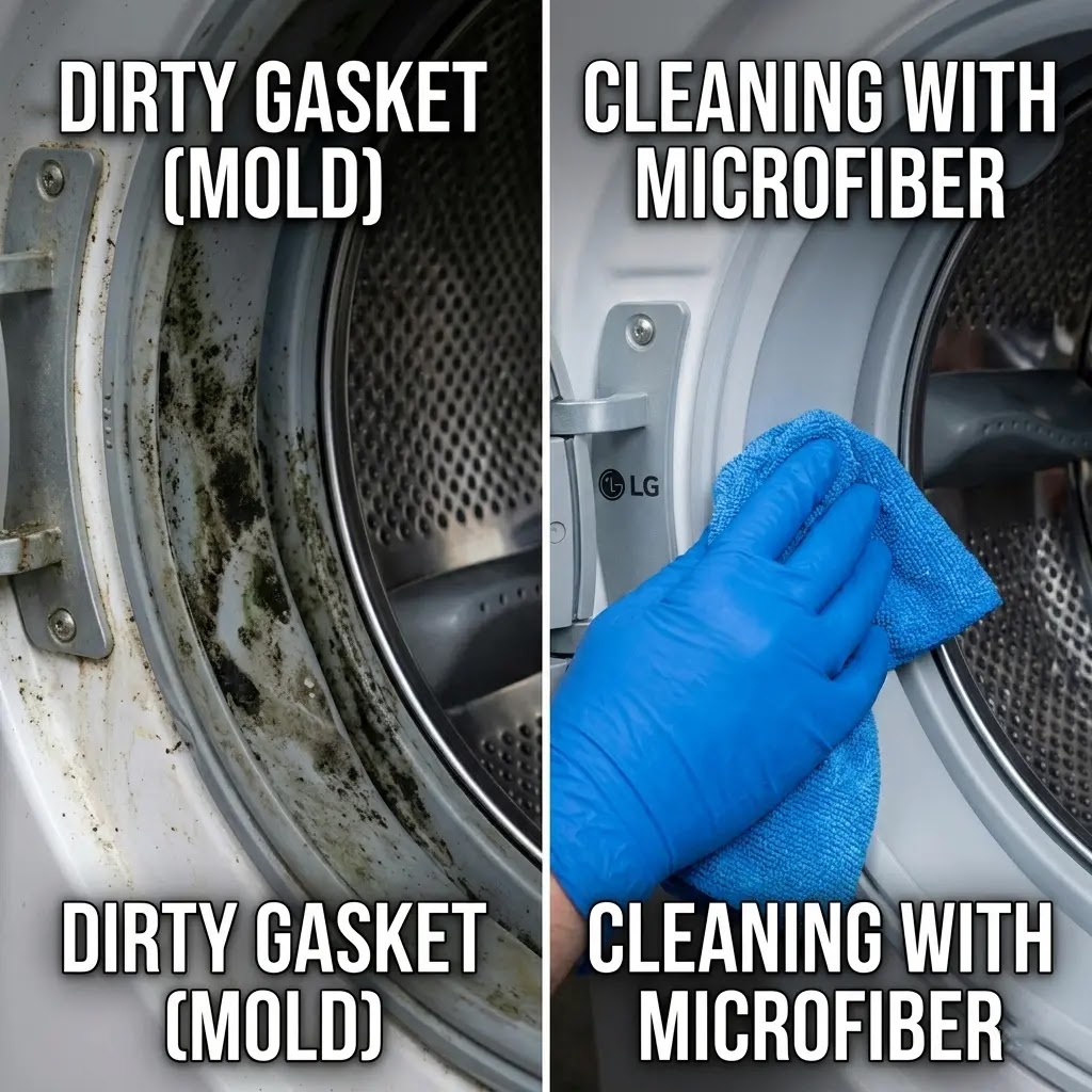 Step-by-step guide on cleaning LG washing machine rubber gasket to prevent biofilm and mold.