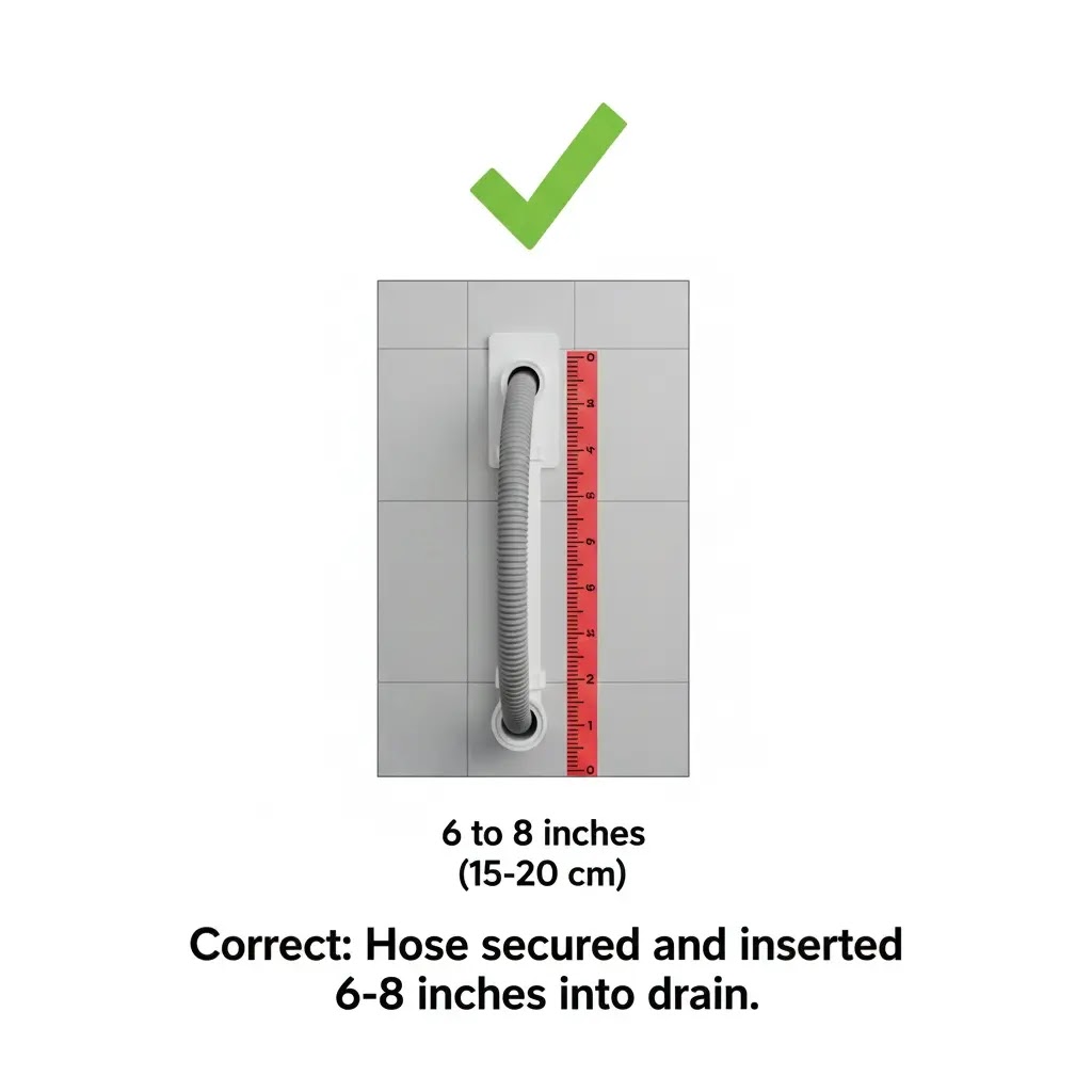 Diagram showing the correct 6-8 inch depth for a washer drain hose