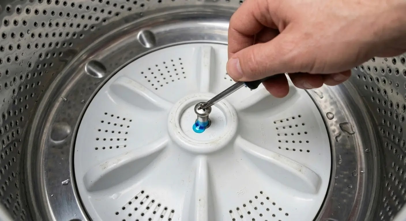 Applying blue threadlocker to a stainless steel pulsator screw for vibration protection