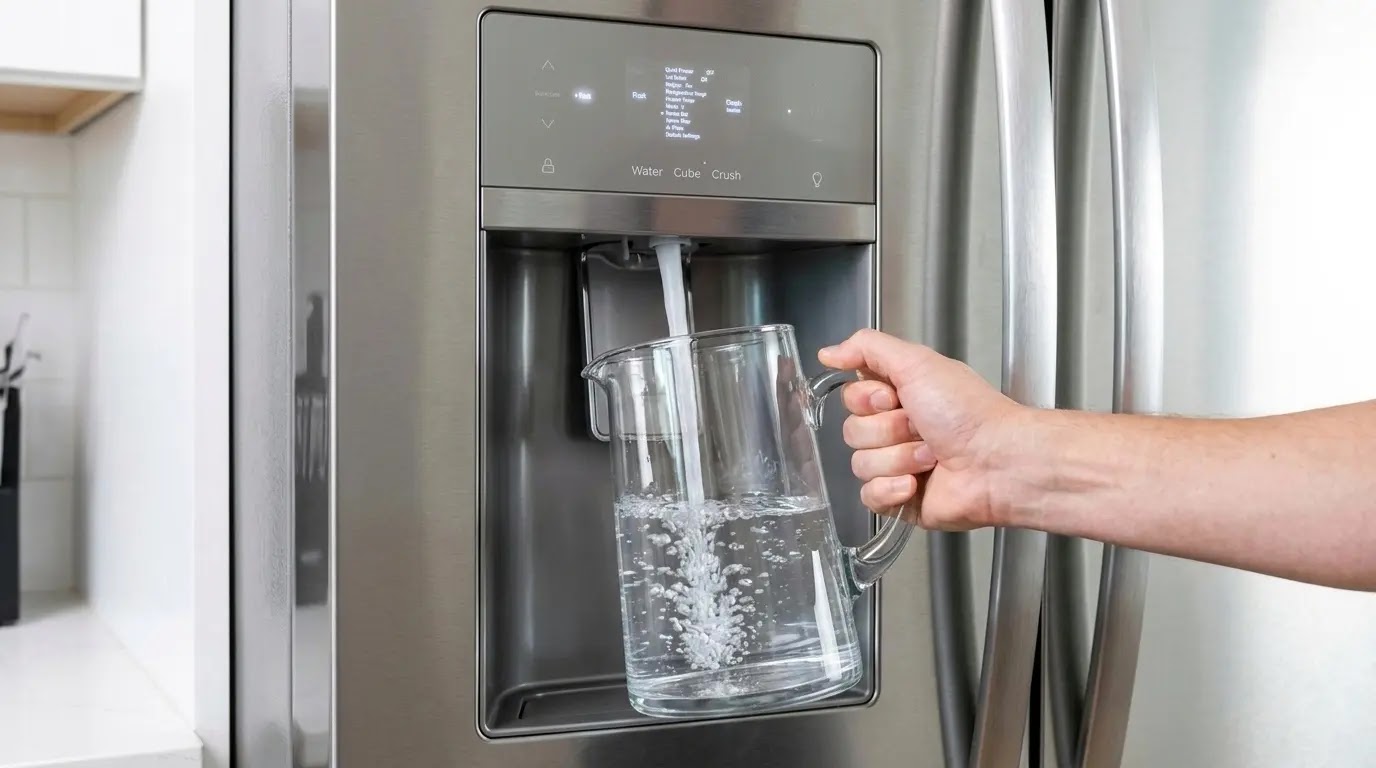 A person holding a large glass pitcher under a fridge water dispenser to purge air.