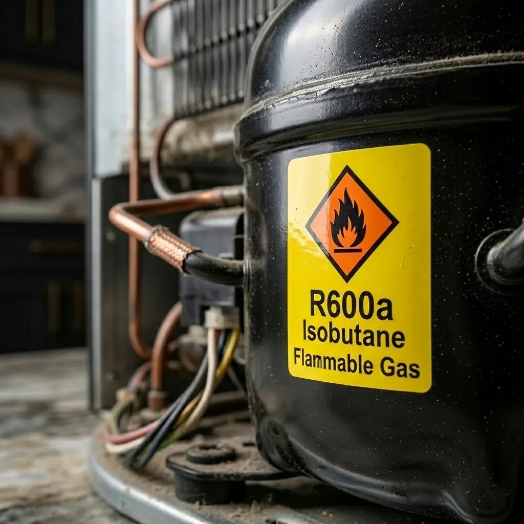 Close-up of the yellow R600a Flammable Gas warning label on a Frigidaire refrigerator compressor.