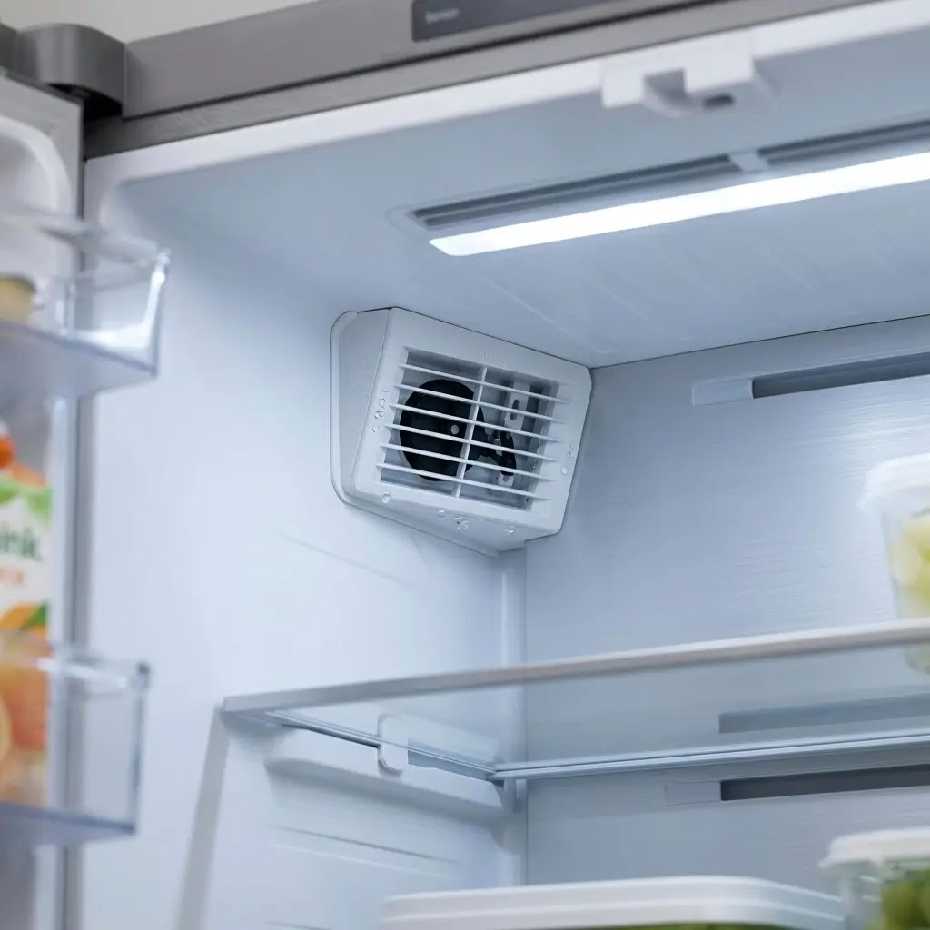 Location of the air damper control vent inside a modern refrigerator.