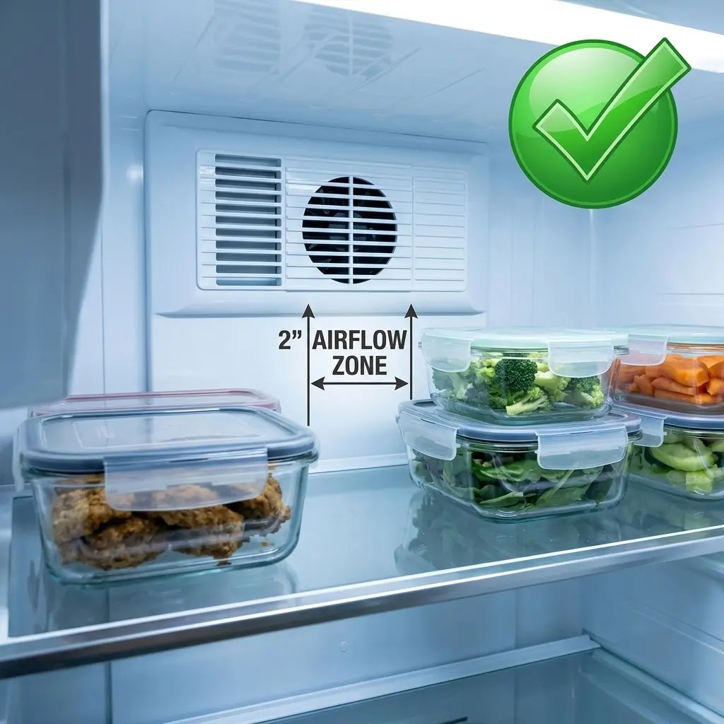 Correct refrigerator shelf organization showing clear space for rear airflow.