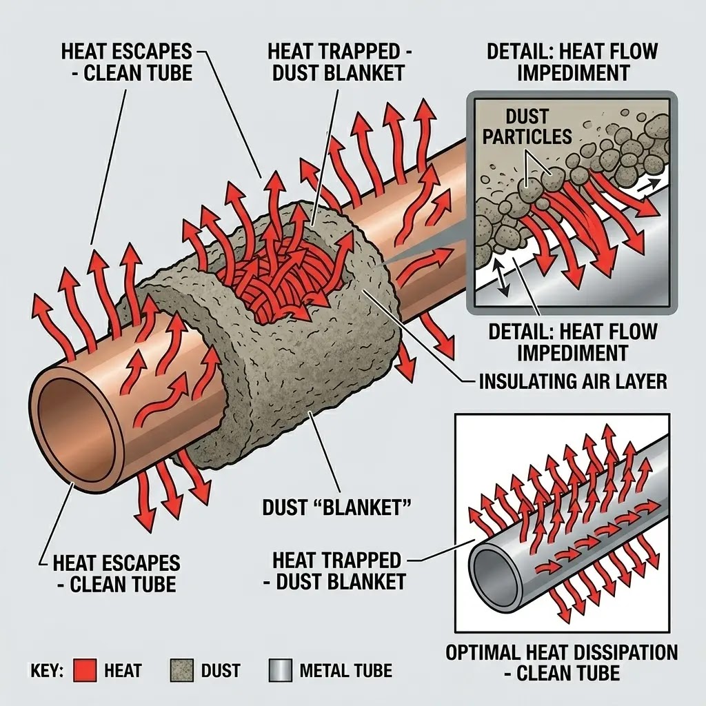 Diagram showing how dust acts as insulation, trapping heat in refrigerator coils.