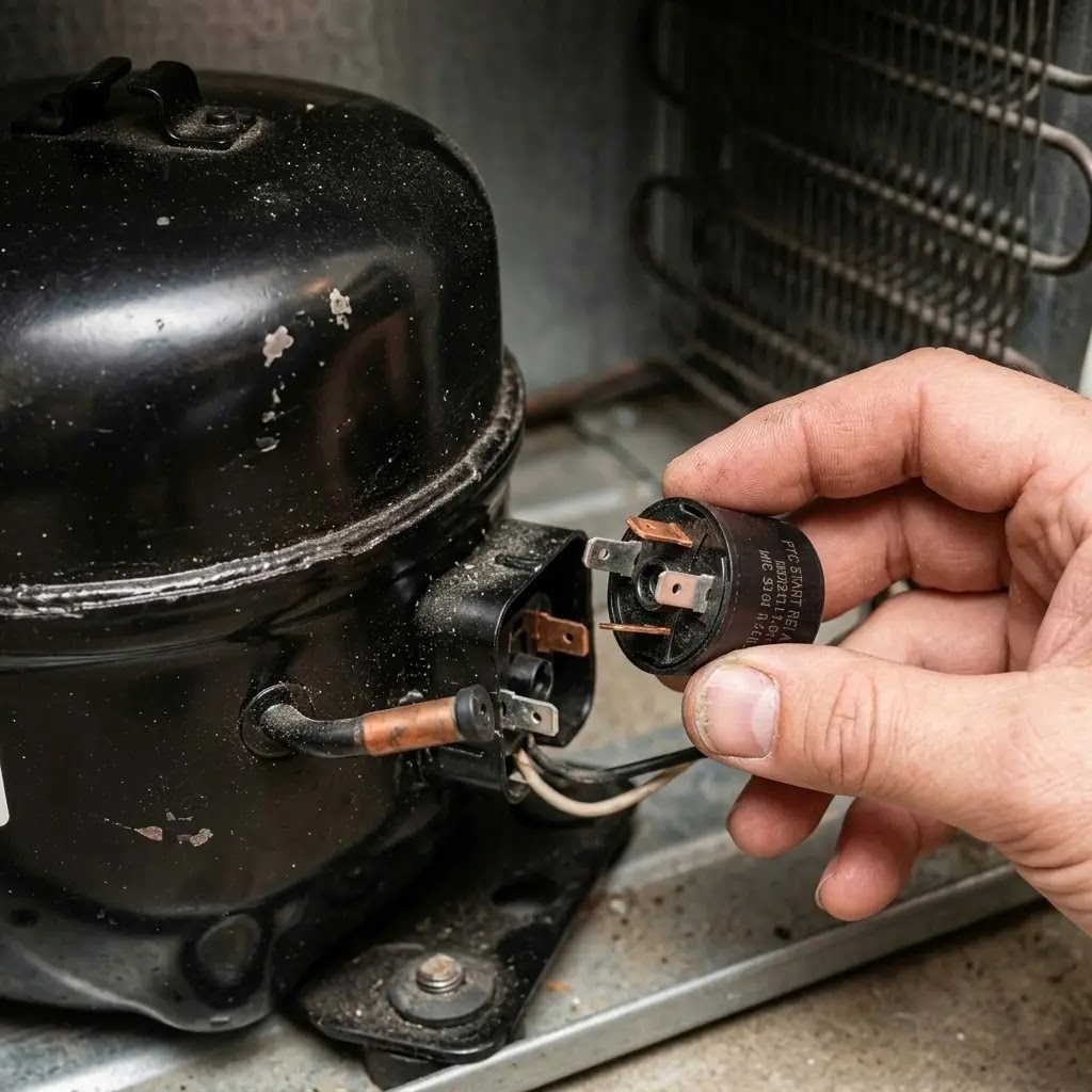 Replacing a faulty PTC start relay on a refrigerator compressor to fix clicking sounds.