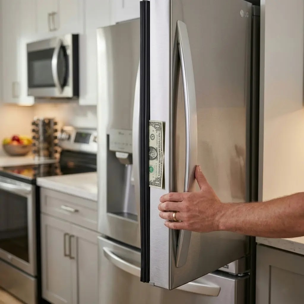 Performing the dollar bill test on a refrigerator door seal to check for air leaks.