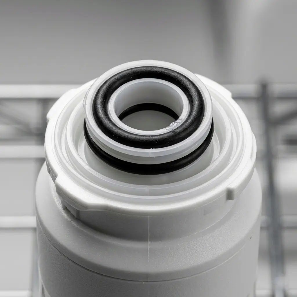 Close-up of the rubber O-rings on an LG water filter to inspect for potential leaks.