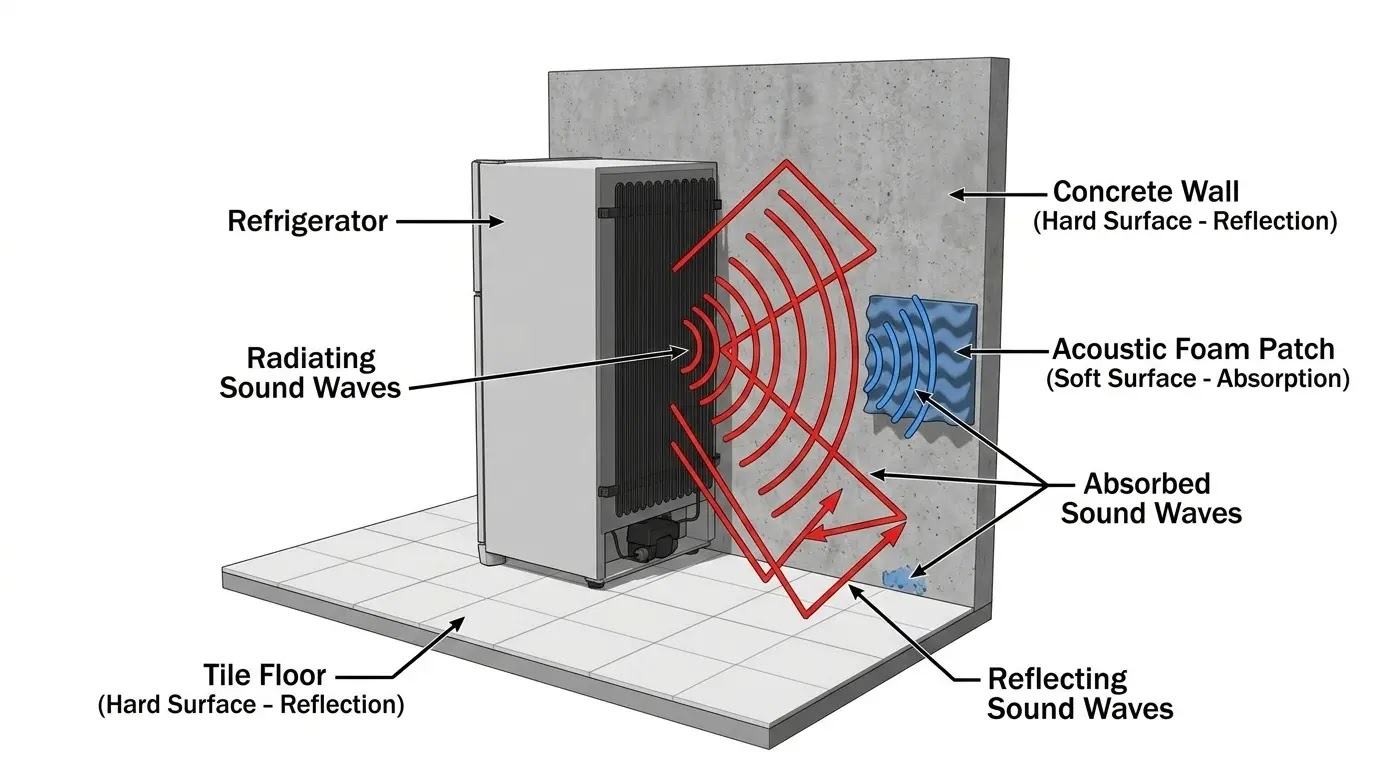 Diagram of sound waves reflecting off tile flooring and hard walls behind a fridge