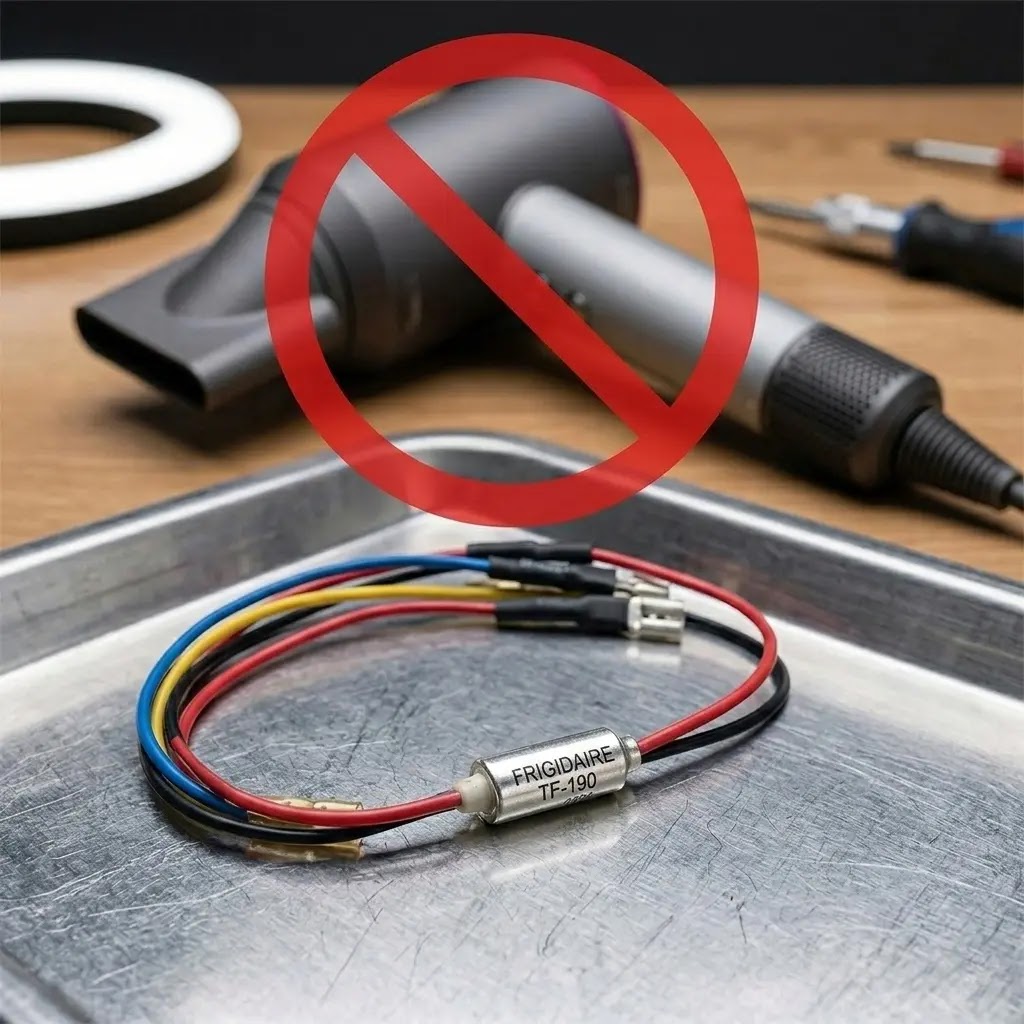 A Frigidaire thermal fuse next to a hairdryer with a red 'No' symbol.