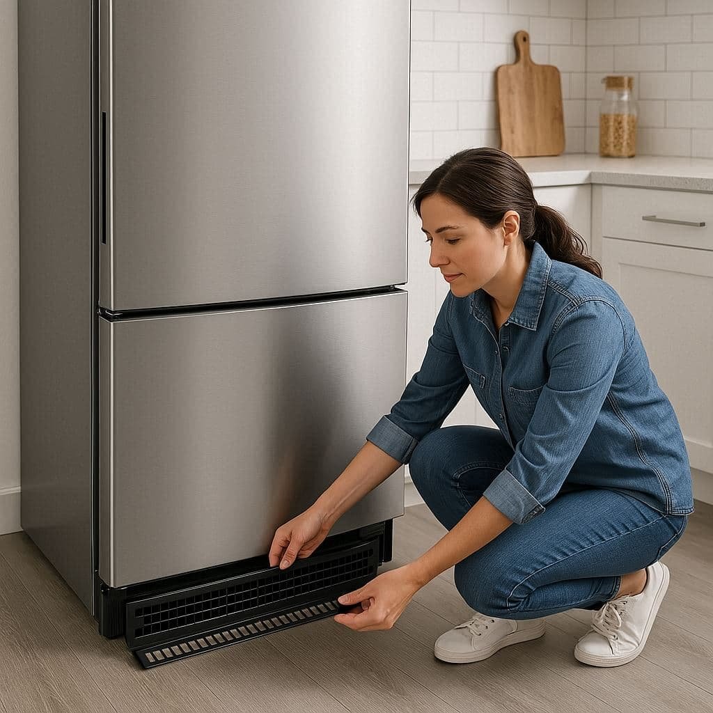 Reattaching refrigerator grill panel after thoroughly cleaning the condenser coils
