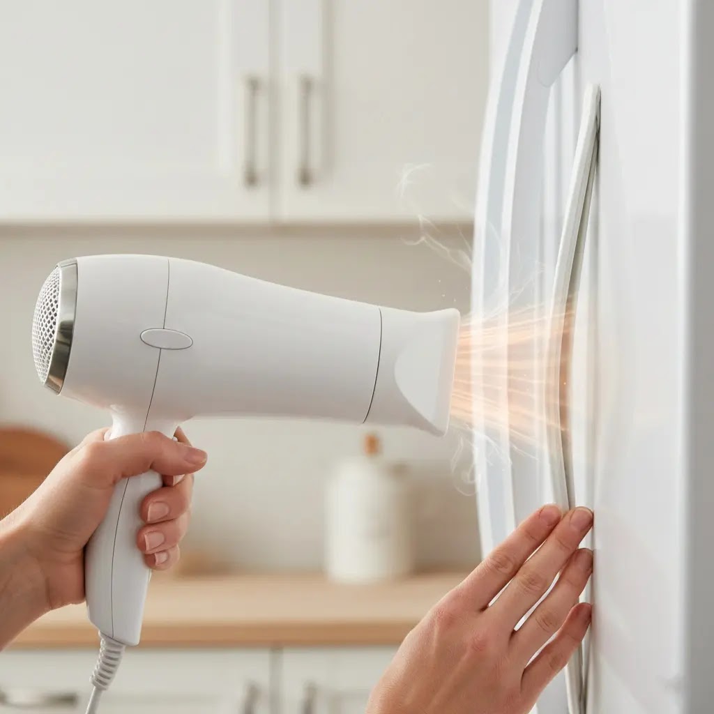 Using a hairdryer to restore and soften a warped refrigerator gasket.