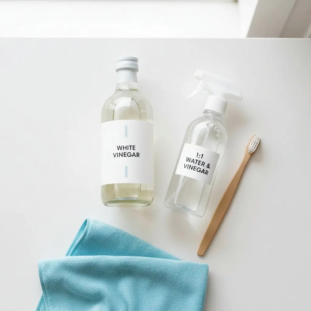Safe DIY cleaning supplies for fridge gasket: vinegar and toothbrush.