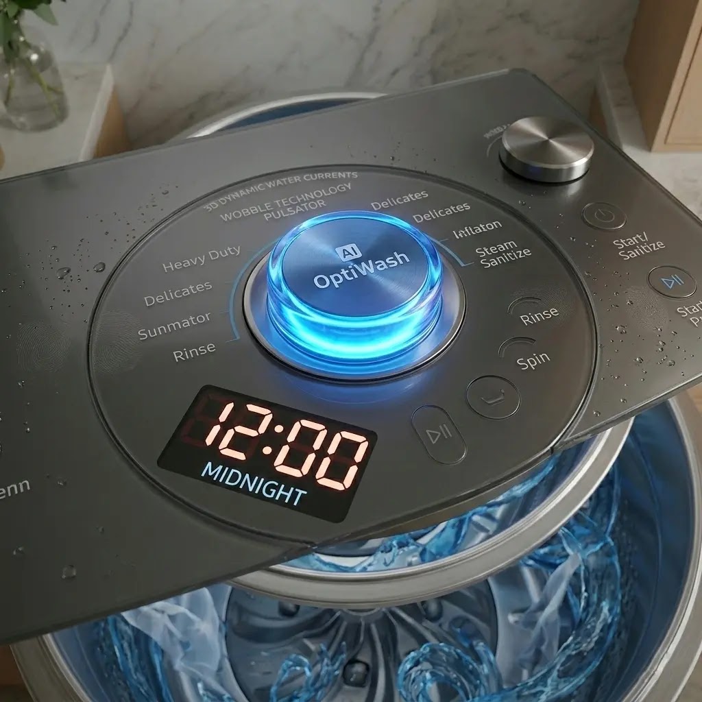 Samsung AI OptiWash and VRT+ vibration reduction features for quiet washing.
