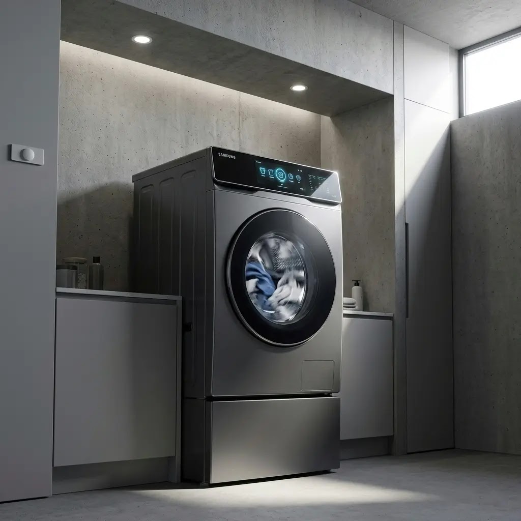 Samsung Bespoke AI Laundry Combo all-in-one washer dryer in a modern laundry room.