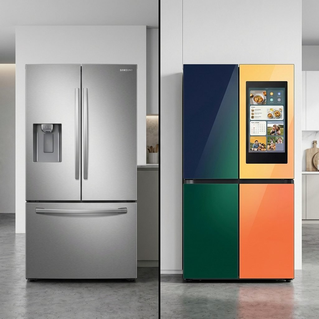 Side-by-side comparison of a traditional Samsung French Door and a modern Samsung Bespoke AI refrigerator.