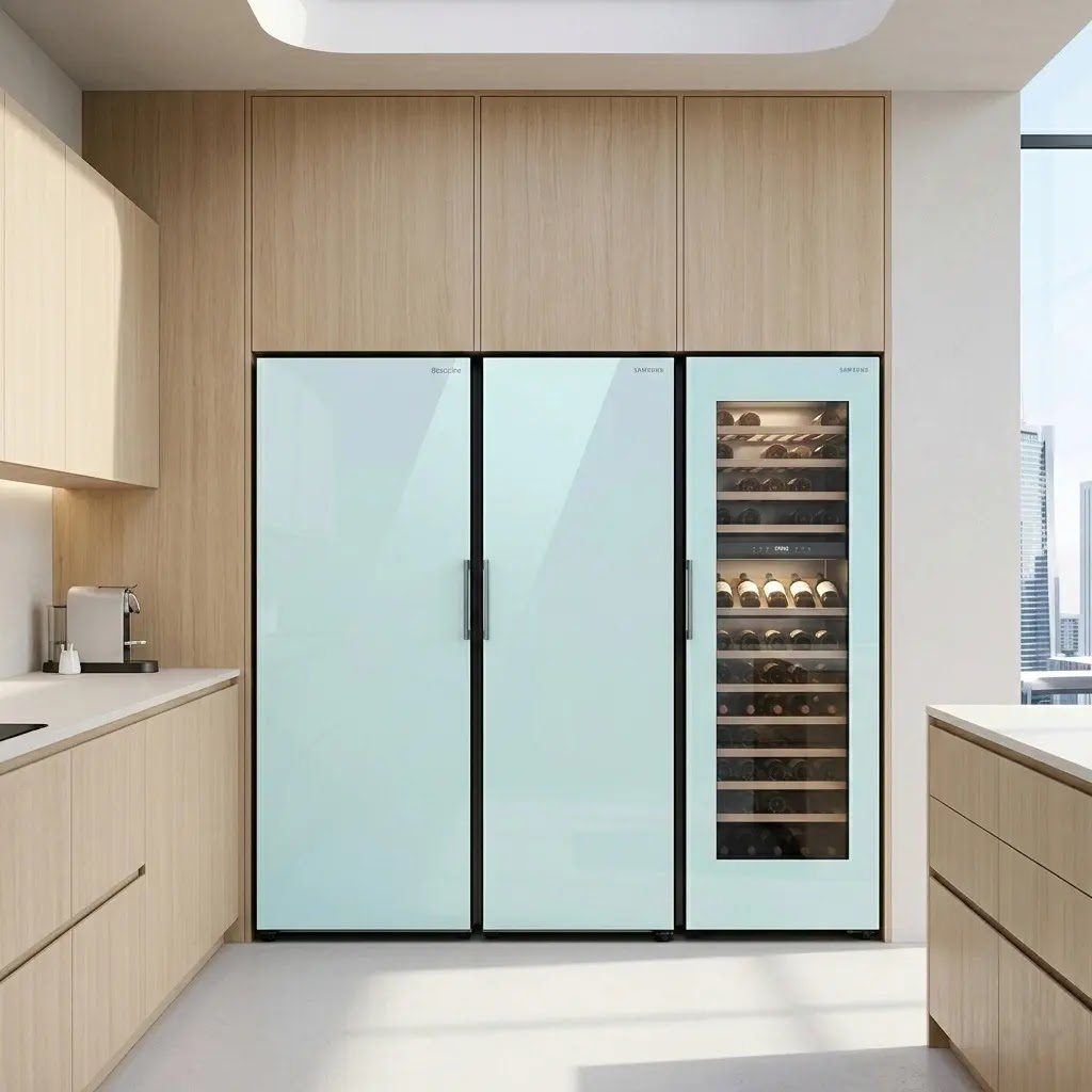 Multiple Samsung Bespoke Column refrigerators modularly joined to create a custom cooling wall.
