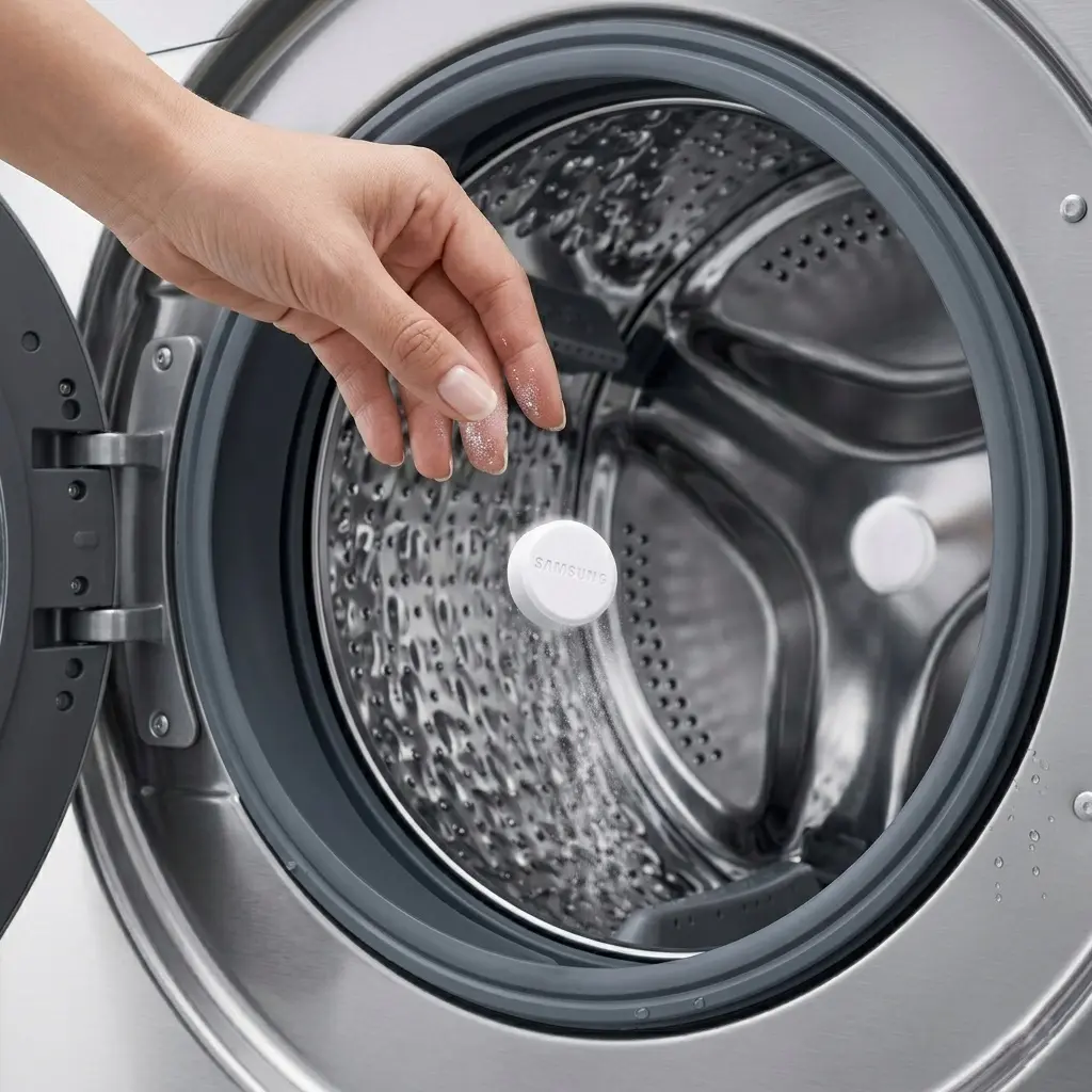 Dropping a Samsung drum clean tablet into empty washing machine drum before cycle