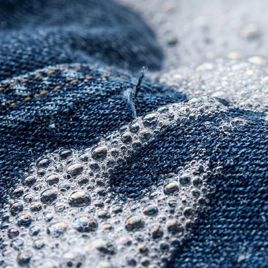 Macro view of Samsung Ecobubble technology penetrating fabric for deep cleaning.