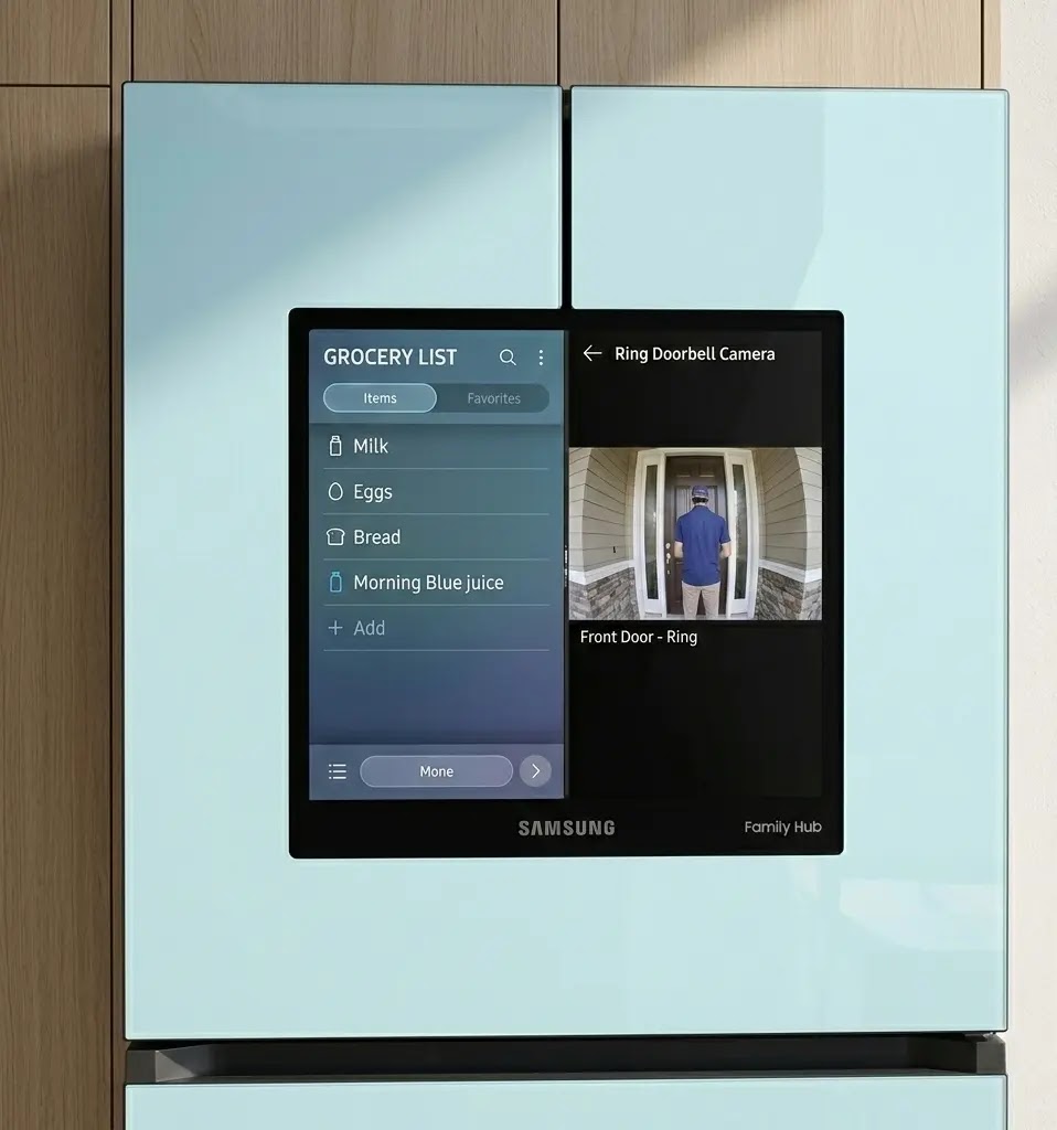 Samsung Family Hub 32-inch touchscreen display showing smart home integration features.