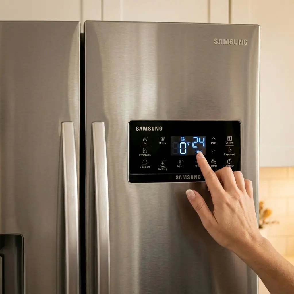 Pressing temperature reset button on Samsung French door refrigerator