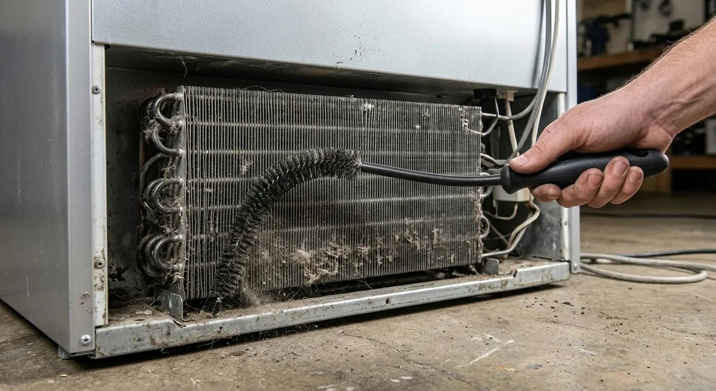 Using a specialized coil brush to clean a Samsung refrigerator's condenser system.