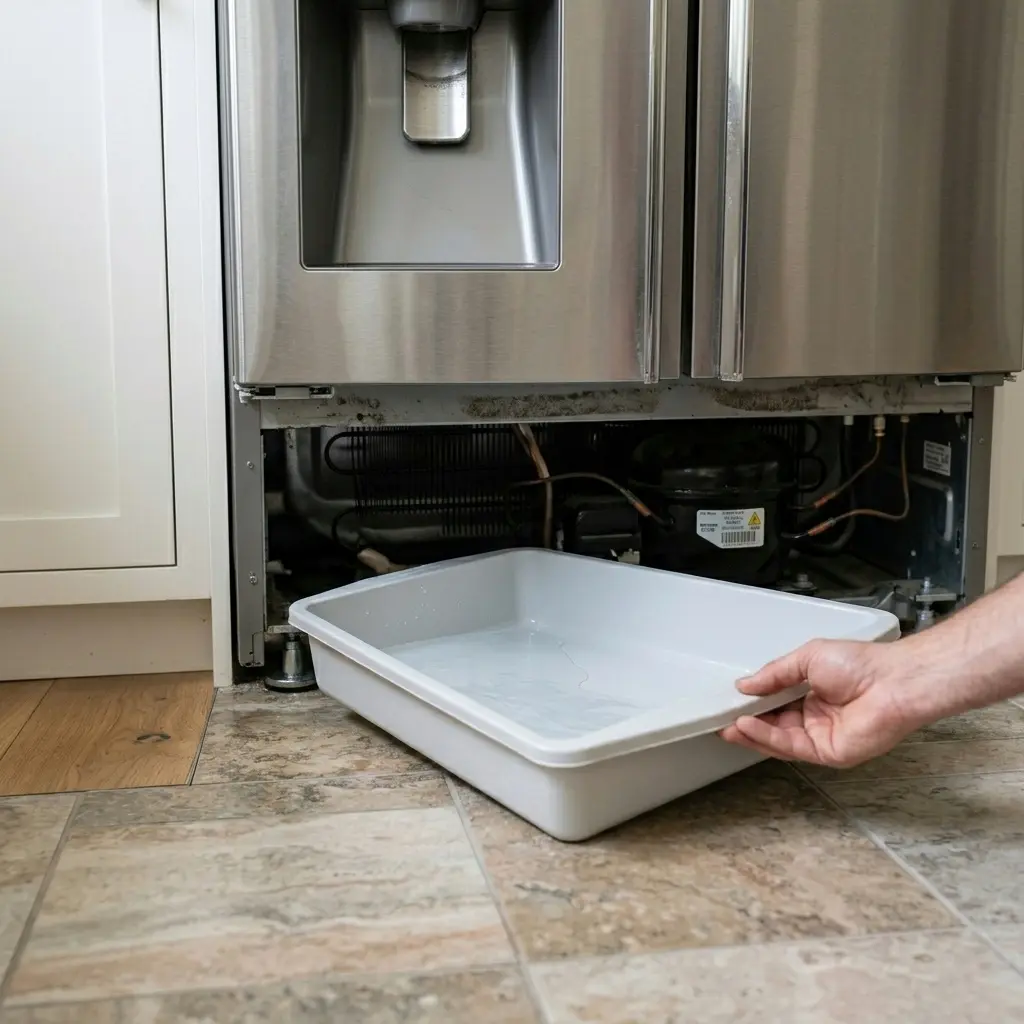 Pulling out the drain pan from underneath a Samsung refrigerator