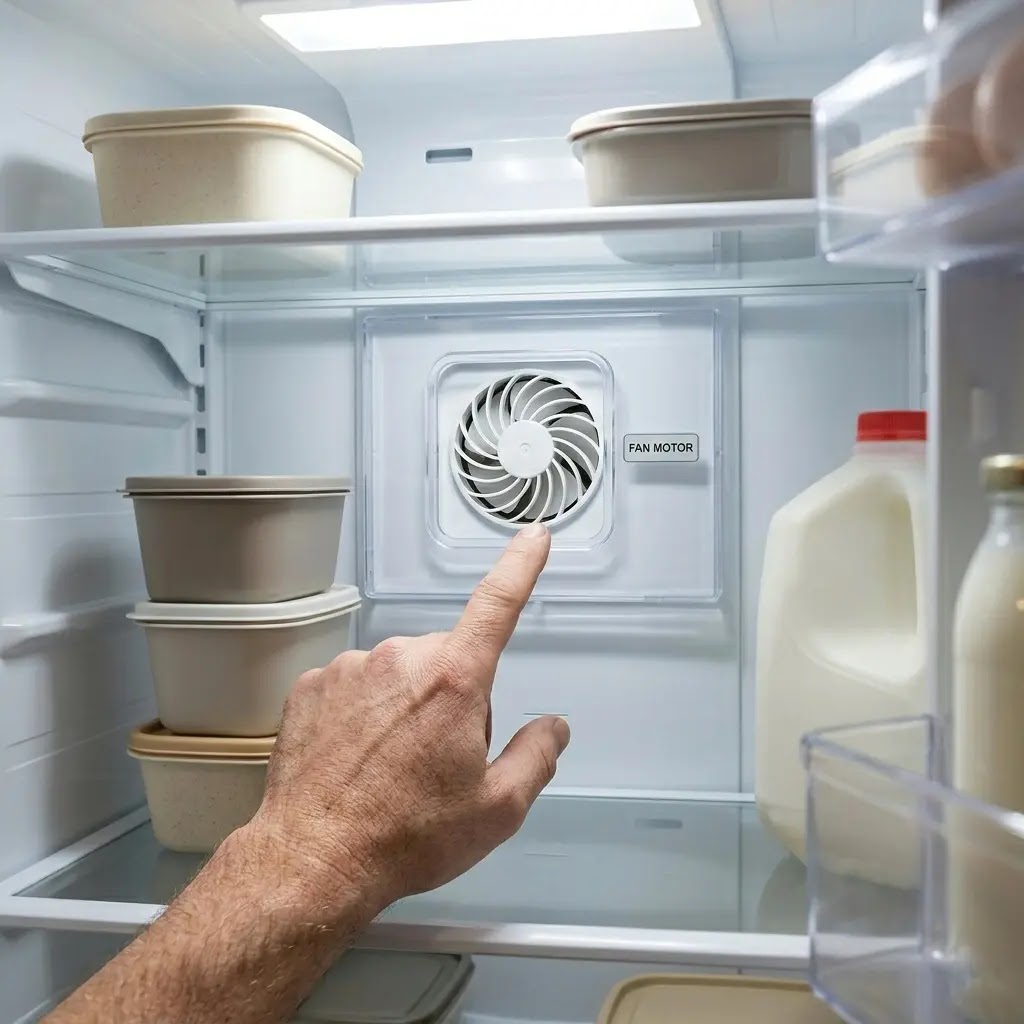 Inspecting the refrigerator evaporator fan motor for ice blockages or failure.