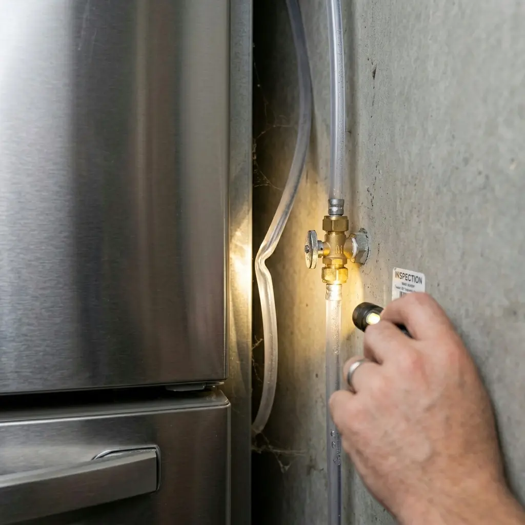 Inspecting a kinked water supply line behind a Samsung refrigerator