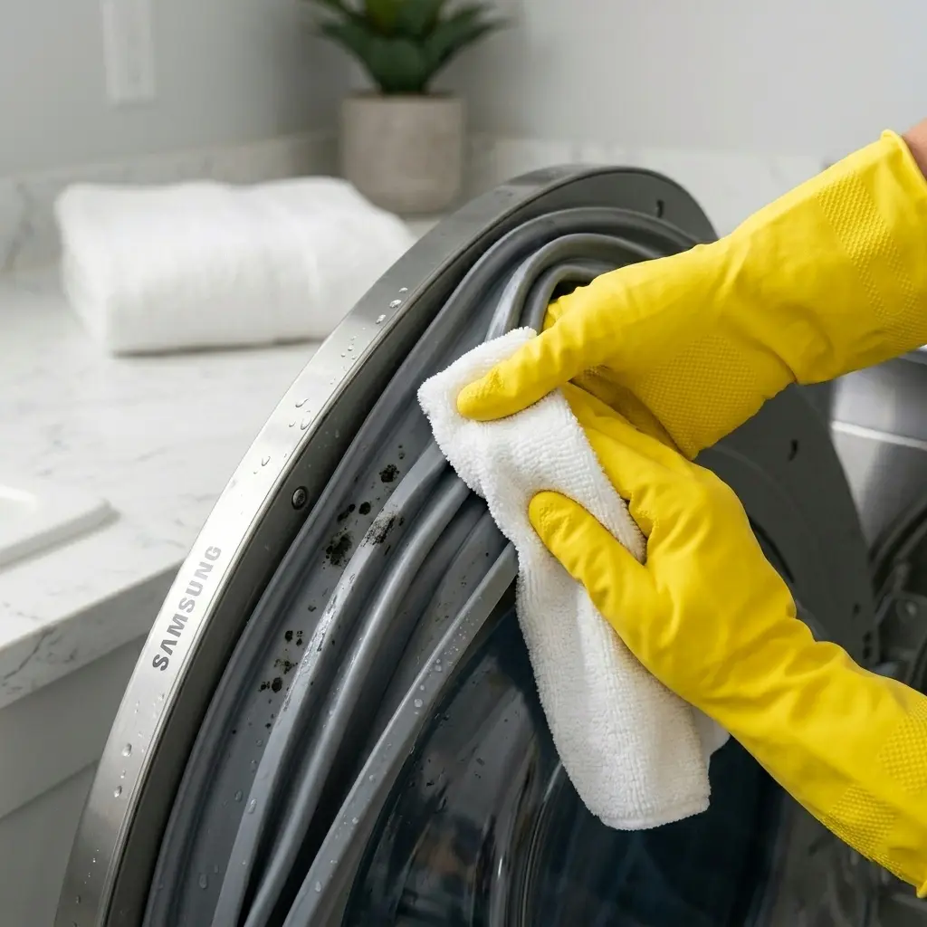 White vinegar and baking soda natural cleaning solution for Samsung washing machine drum clean cycle