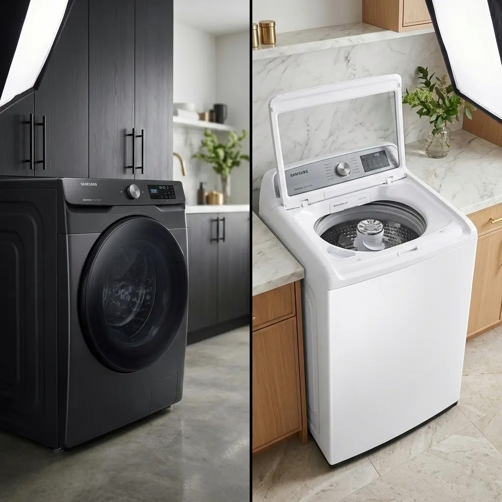 Comparison of Samsung Front Load and Top Load washing machines in a modern home.