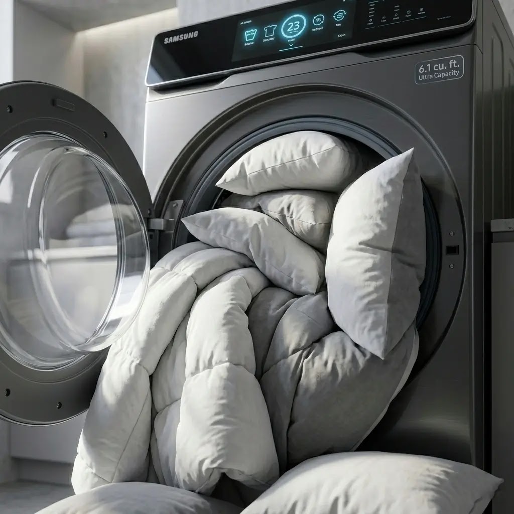Internal view of 6.1 cubic feet Samsung front load washer with a king-size comforter.