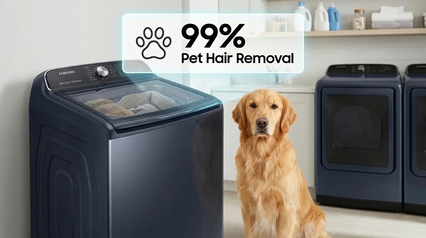 Samsung front load washer with pet care cycle for removing pet hair and allergens.