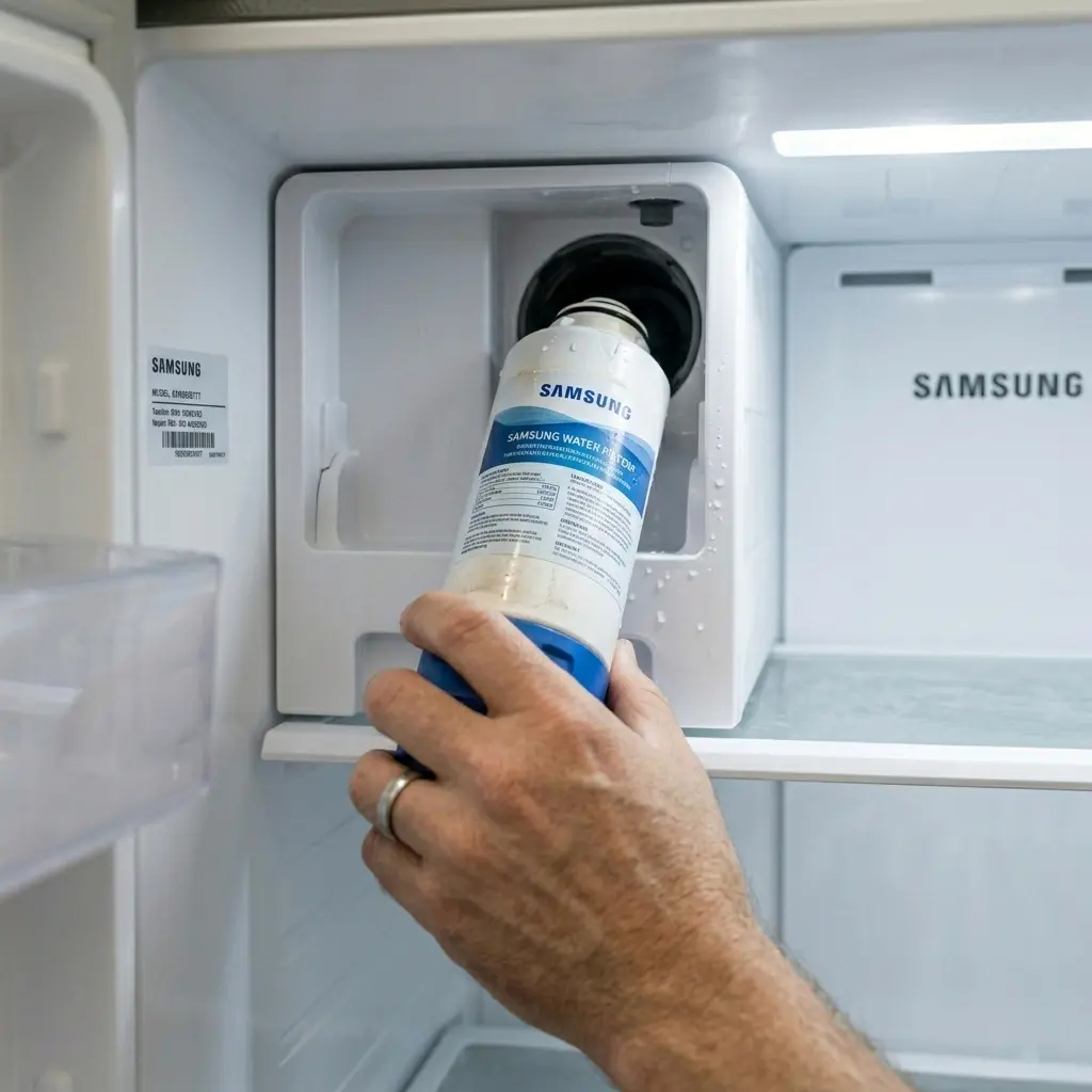 Removing a faulty water filter from a Samsung refrigerator