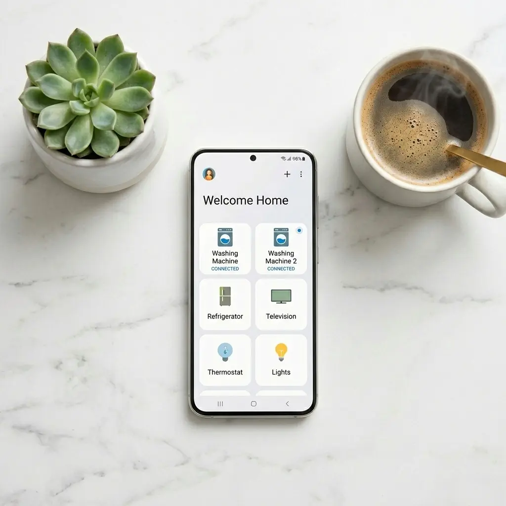 Samsung SmartThings app displayed on smartphone showing connected home appliances