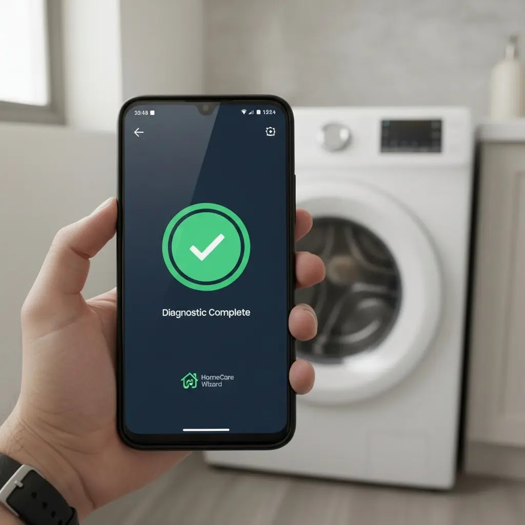 Smartphone screen showing Samsung SmartThings HomeCare Wizard diagnostic for AI washer.