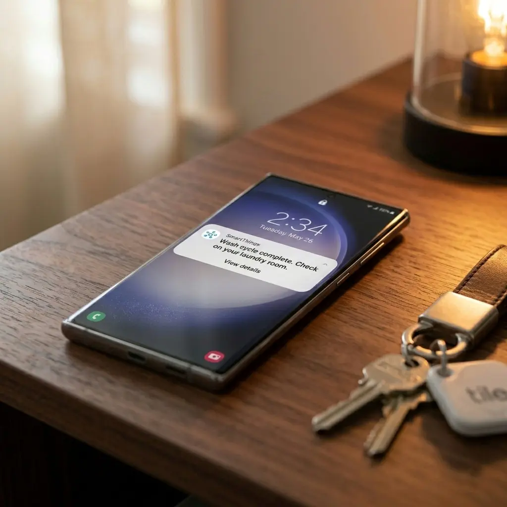 Samsung washing machine SmartThings cycle end notification on smartphone screen