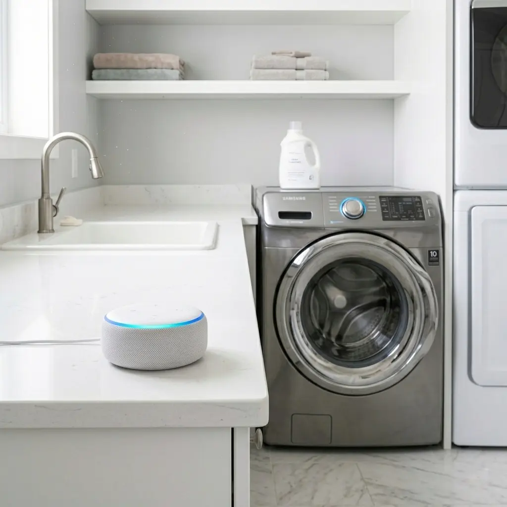 Smart speaker controlling Samsung washing machine via SmartThings voice assistant integration