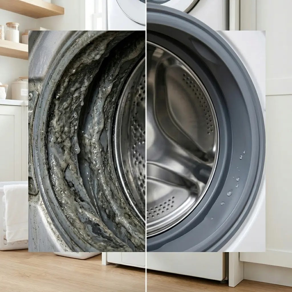 Comparison of moldy biofilm on a washer gasket versus a clean, maintained seal.