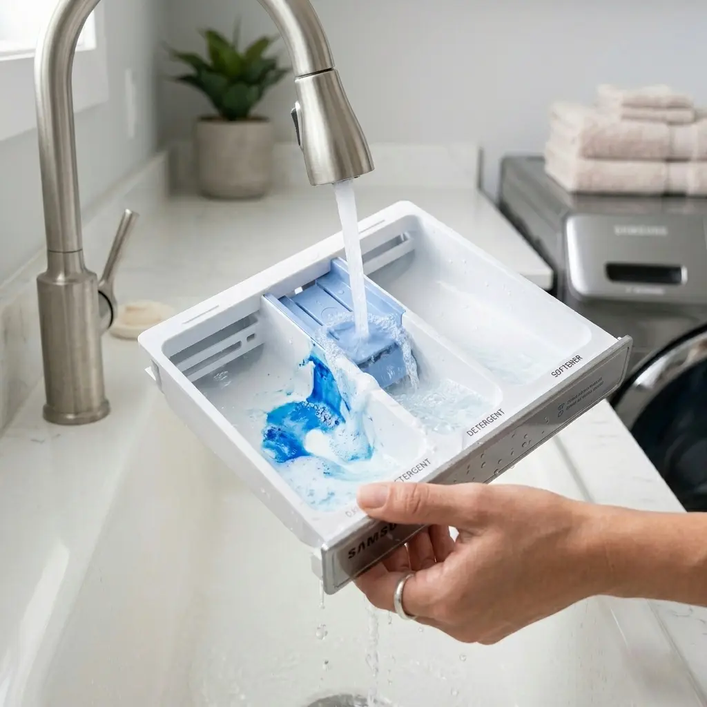 Rinsing Samsung washing machine detergent drawer under tap to remove soap residue buildup